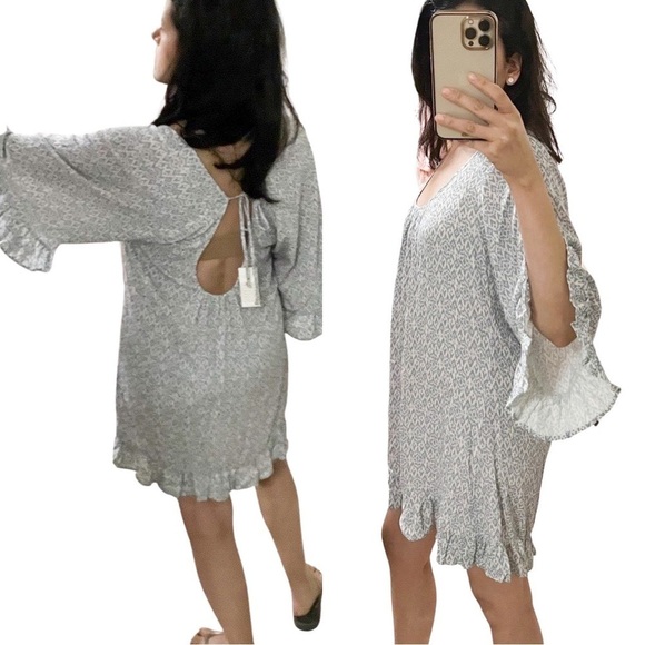 EBERJEY Ruffled 3/4 Sleeves Printed Tunic Cover Up Dress Light Blue Small - Picture 2 of 4